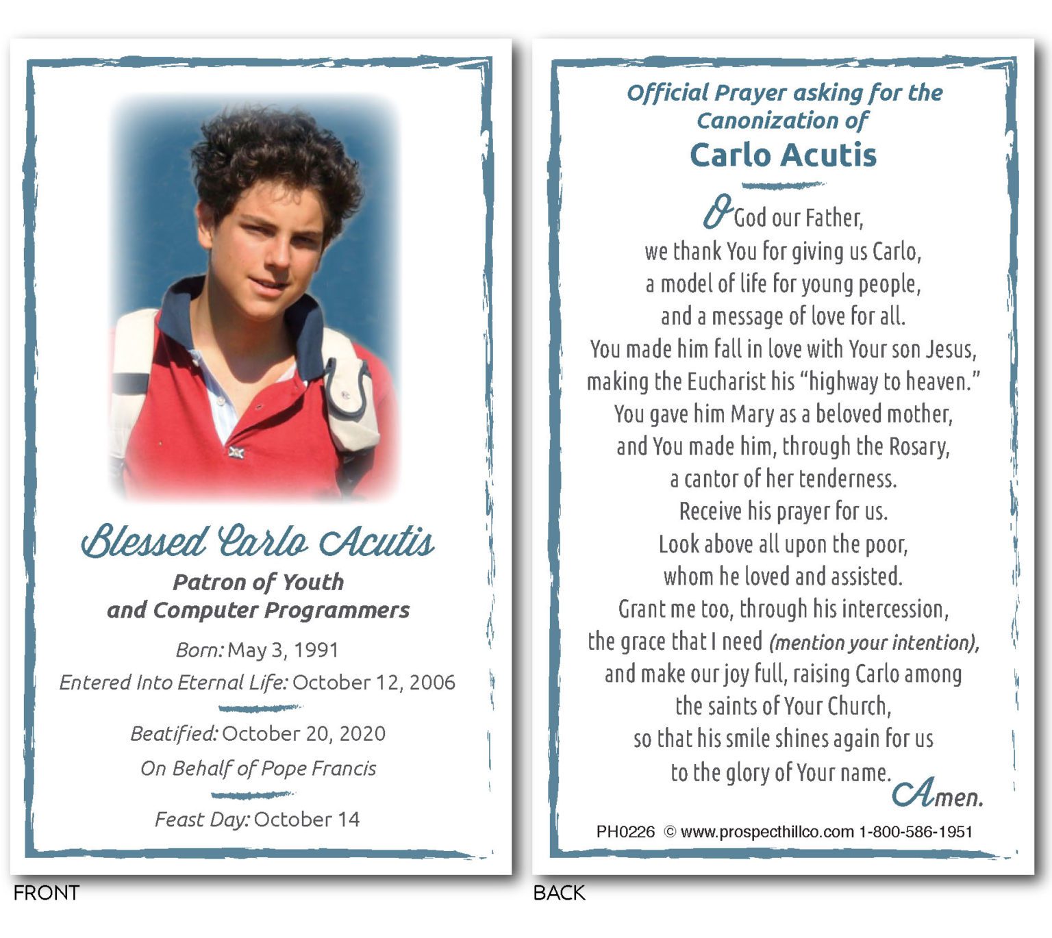 Carlo Acutis Commemorative Prayer Card Asking For Canonization