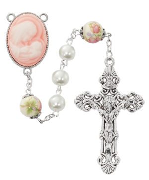 8MM Pearl Pink Cameo Rosary (R953F)